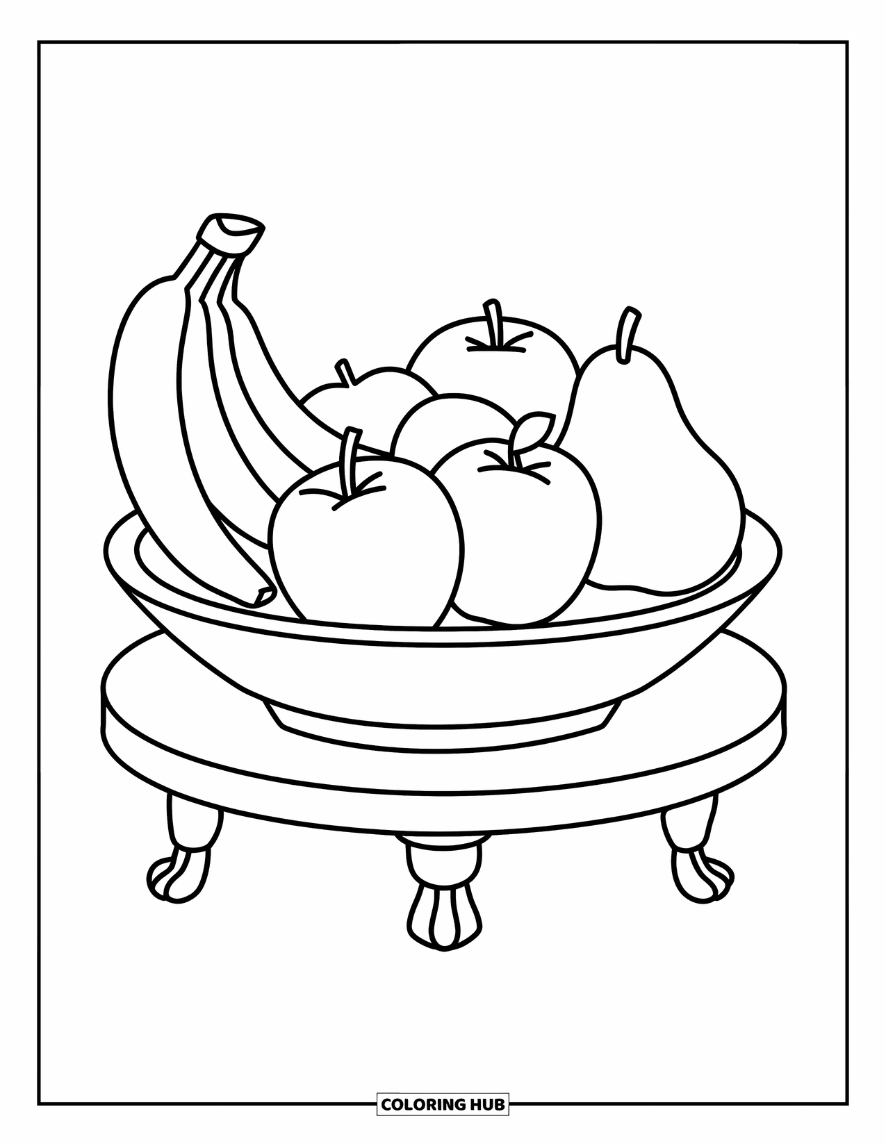 Banana Coloring Page for Kids: A bowl of mixed fruit with bananas rests on a wooden stand
