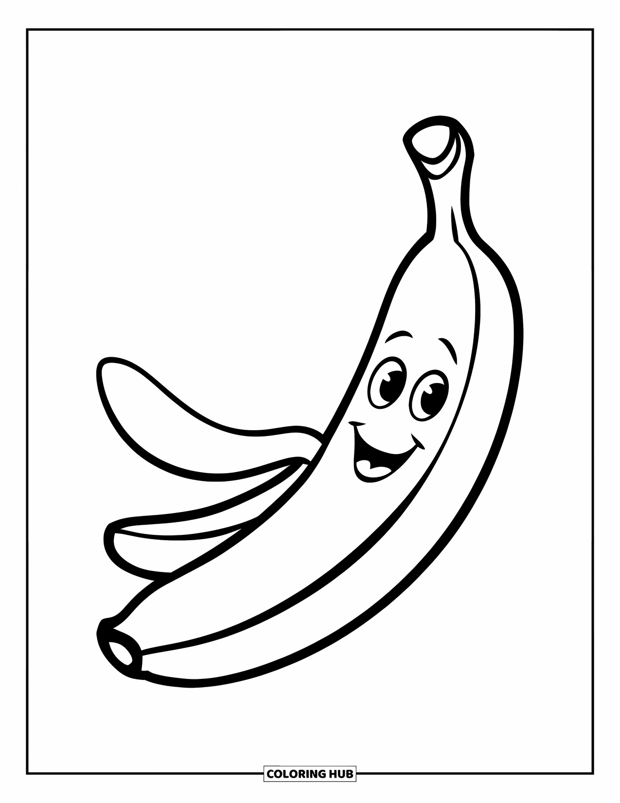 Banana Coloring Page for Kids: A cheerful banana with a smile sits alone, ready for fun