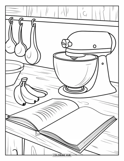 Coloriage de bananes pour enfants : Un plan de travail de cuisine accueille des bananes, un robot pâtissier et un livre de recettes