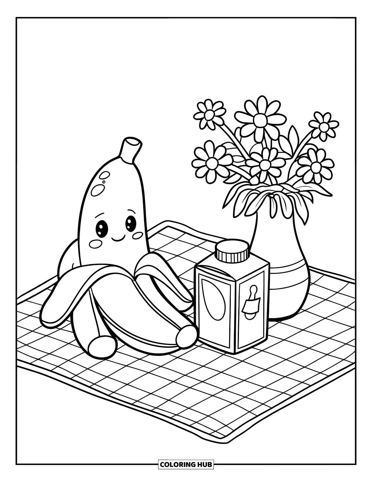 Banana Coloring Page for Kids: A cute banana plush relaxes on a picnic mat with juice and flowers