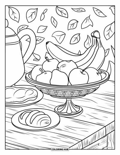 Coloriage de bananes pour enfants : Un bol de fruits avec des bananes et des pâtisseries repose sur une table aux motifs de feuilles