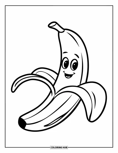 Coloriage de bananes pour enfants : Une banane joyeuse sourit gaiement sur un fond simple et épuré