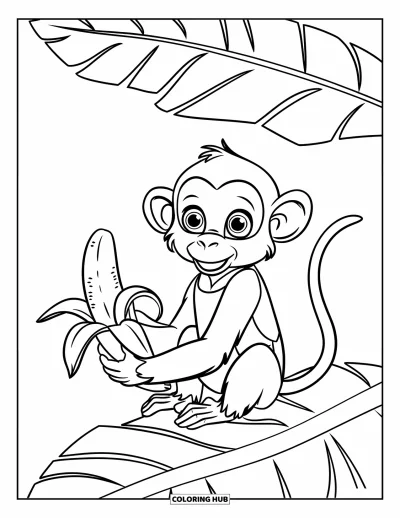 Coloriage de bananes pour enfants : Un singe heureux en gilet est assis sur un siège feuillu avec une banane