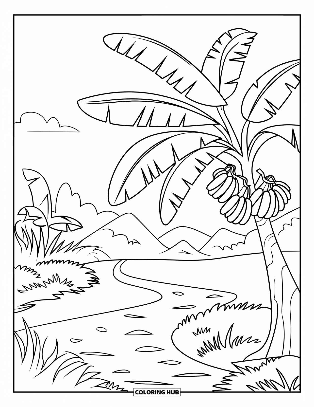 Banana Coloring Page for Kids: A jungle path leads to a big banana tree under the open sky