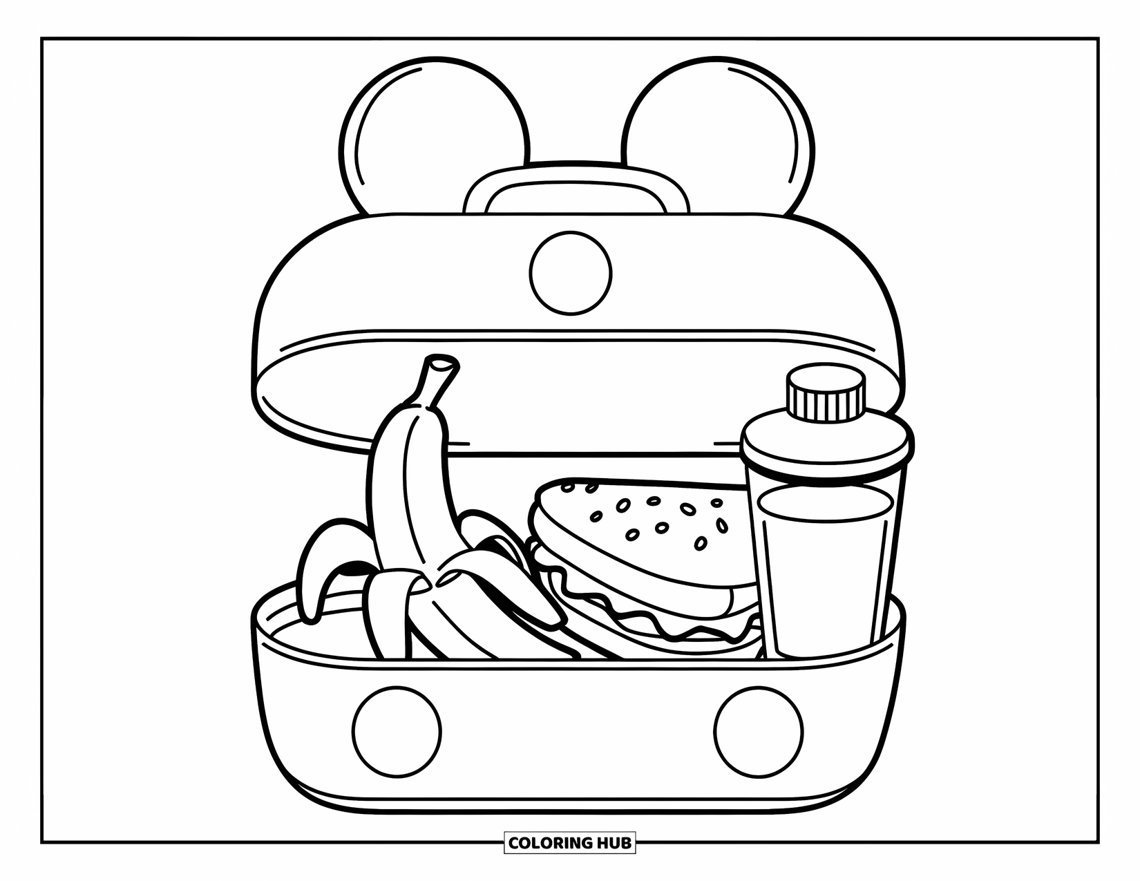 Banana Coloring Page for Kids: A lunchbox with a banana, sandwich, and juice sits ready to go