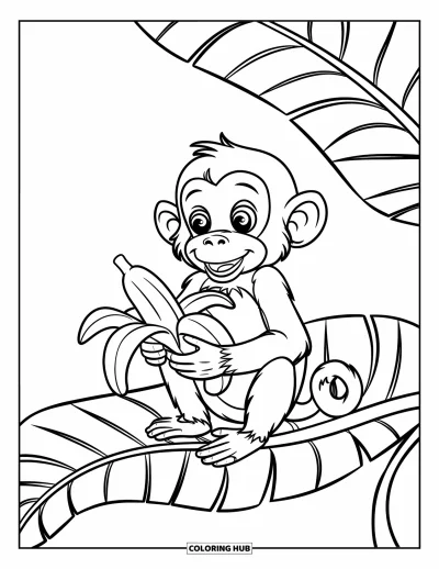 Coloriage de bananes pour enfants : Un singe souriant est assis sur une grande feuille en tenant une banane