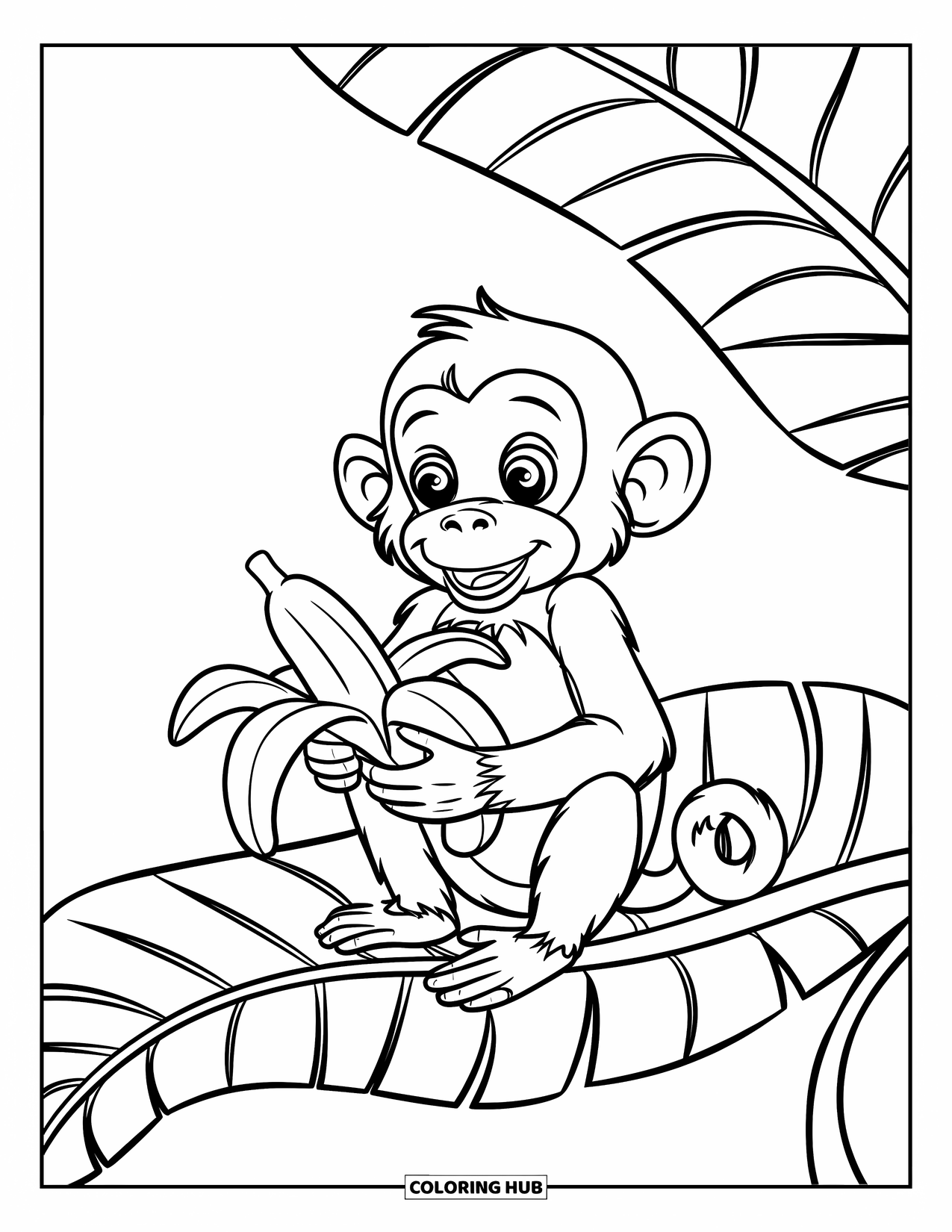 Banana Coloring Page for Kids: A monkey grins while sitting on a large leaf holding a banana