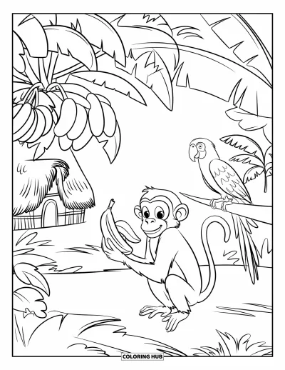 Coloriage de bananes pour enfants : Un singe tient une banane dans une jungle luxuriante pleine de bananiers