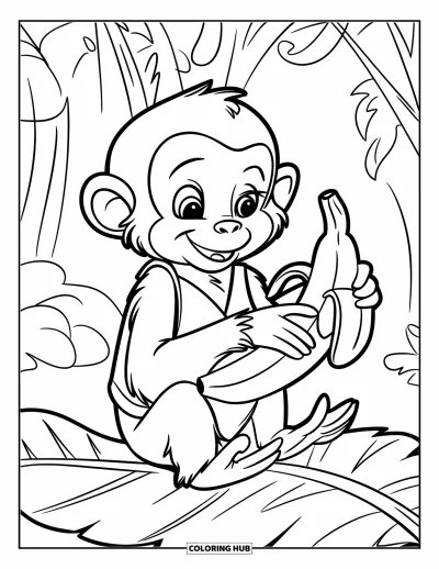 Coloriage de bananes pour enfants : Un singe avec une banane est assis joyeusement sur une grande feuille de jungle