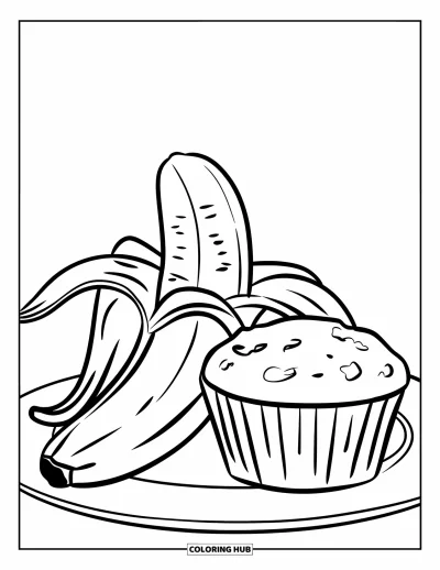 Coloriage de bananes pour enfants : Une banane épluchée et un muffin à la banane sont posés ensemble sur une assiette