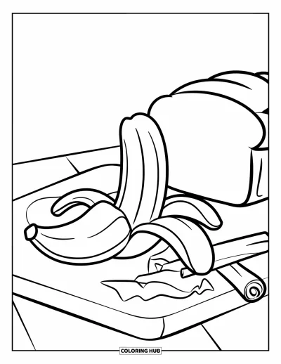 Coloriage de bananes pour enfants : Une banane épluchée repose à côté de pain et de cannelle sur une planche à découper