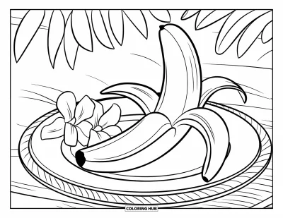 Coloriage de bananes pour enfants : Une banane épluchée repose sur une assiette tropicale ornée de fleurs et d'une serviette