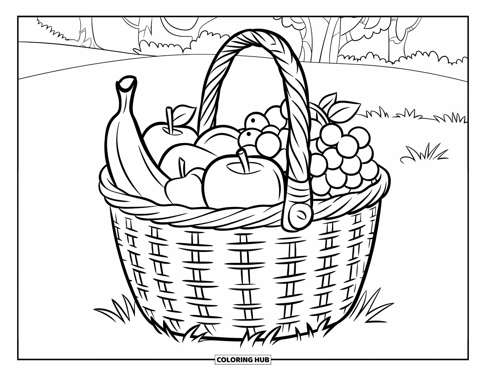 Banana Coloring Page for Kids: A picnic basket holds a banana, apples, and grapes in a grassy field