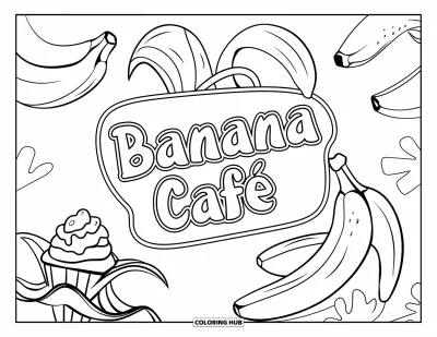 Coloriage de bananes pour enfants : Une enseigne "Banana Café" est entourée de douceurs à la banane et d'une décoration tropicale