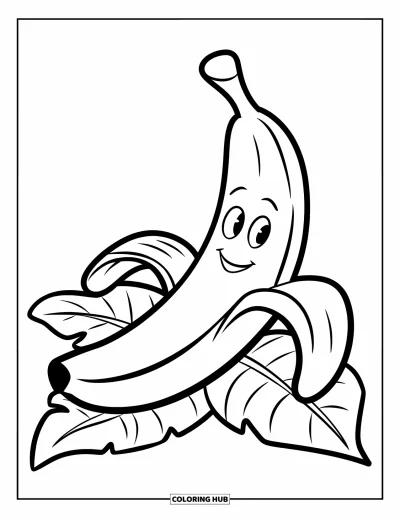 Coloriage de bananes pour enfants : Une seule banane avec un visage heureux est posée sur un coin fleuri