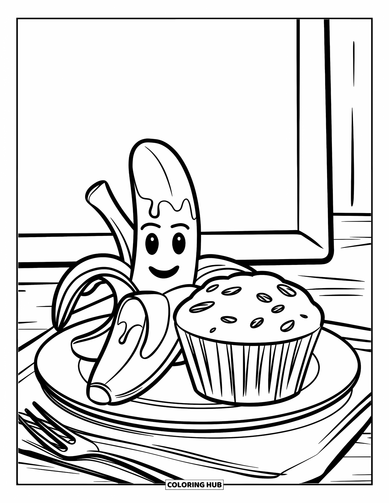 Banana Coloring Page for Kids: A smiley banana and muffin sit side-by-side with a fork on the plate