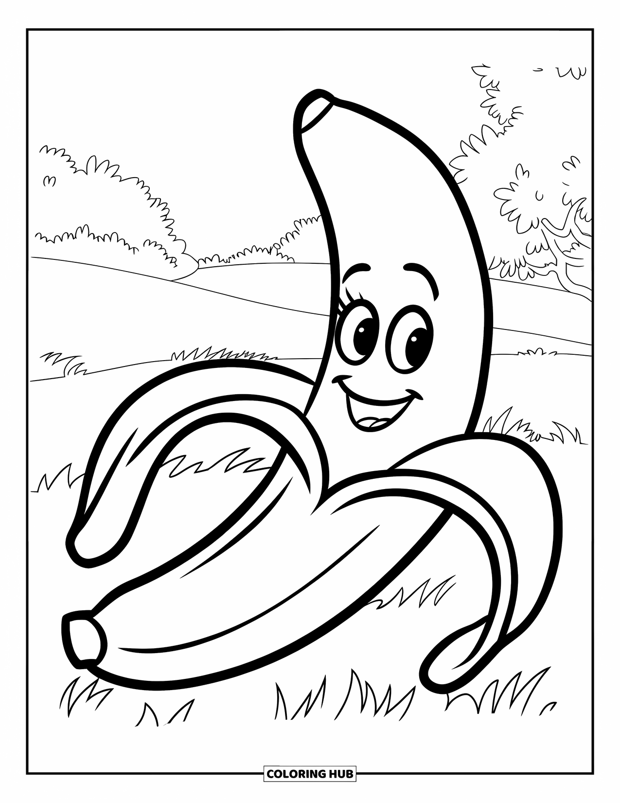 Banana Coloring Page for Kids: A smiling banana rests on grass near trees