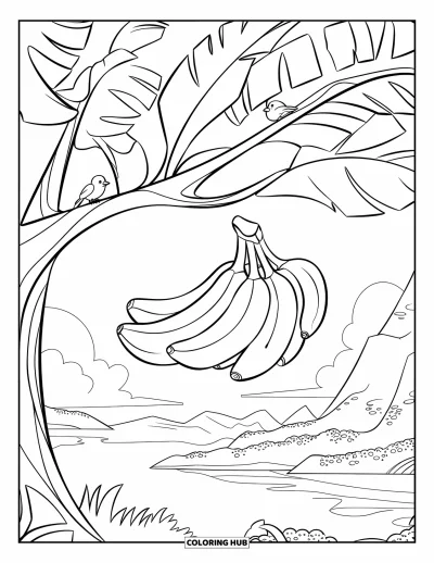 Coloriage de bananes pour enfants : Une branche d'arbre avec des bananes s'étend au-dessus d'une vue sur la montagne et le lac