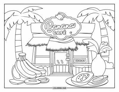 Coloriage de bananes pour enfants : Une enseigne tropicale "Banana Café" est entourée de gourmandises à la banane et de palmiers
