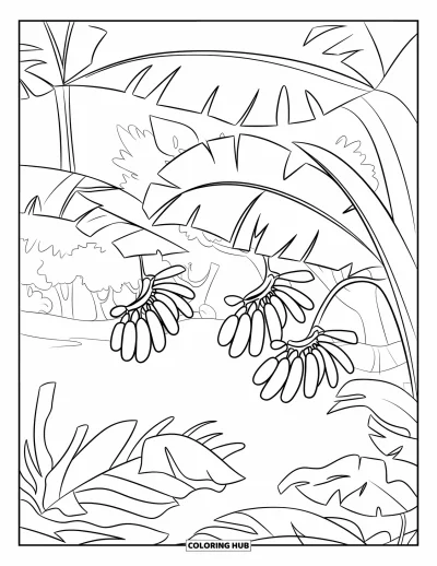Coloriage de bananes pour enfants : Des feuilles et des arbres bananiers remplissent la scène dans un coin de jungle paisible