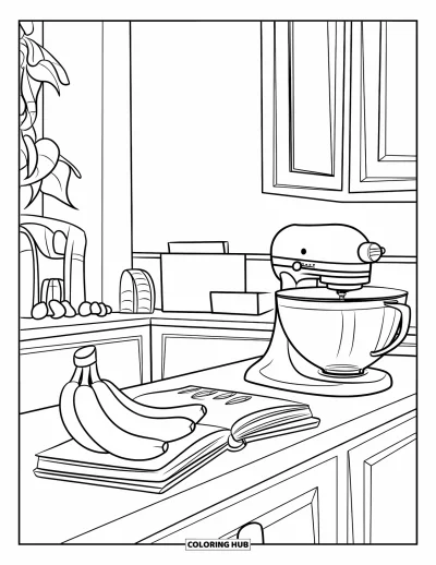 Coloriage de bananes pour enfants : Des bananes reposent sur un comptoir de cuisine avec un livre de recettes et un robot pâtissier à proximité