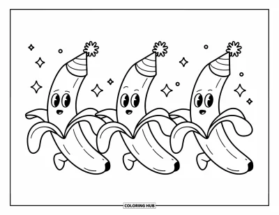 Coloriage de bananes pour enfants : Trois bananes portent des chapeaux de fête et sourient avec des étoiles flottant autour d'elles