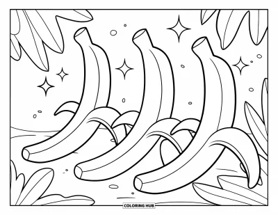 Coloriage de bananes pour enfants : Trois bananes avec des visages souriants sont assises côte à côte avec des étoiles scintillantes autour d'elles