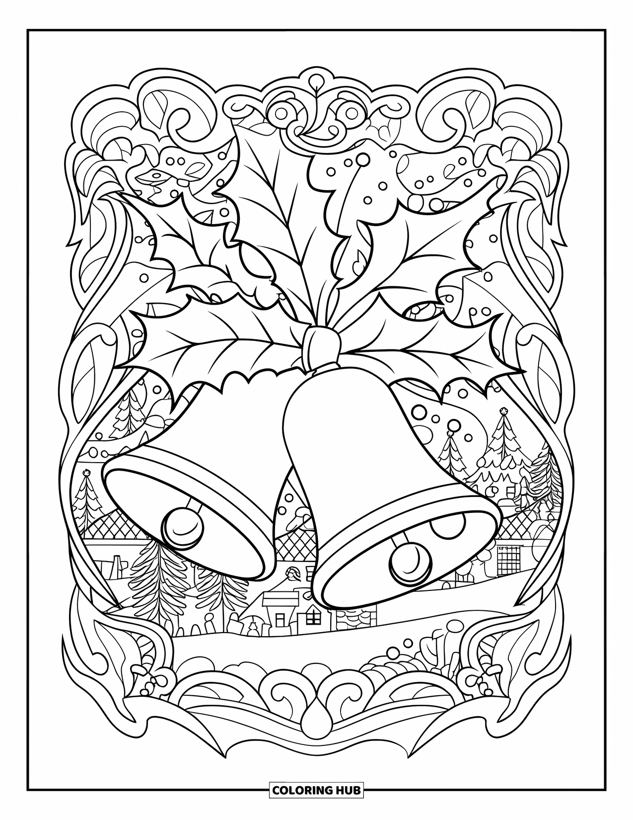 Bell Coloring Page for Adults: Bell and holly foliage with ribbon, trees, and snowy background