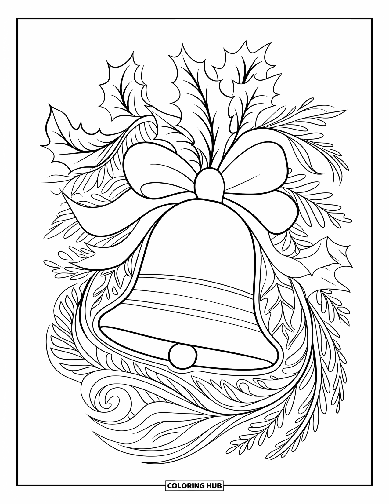 Bell Coloring Page for Adults: Christmas bell surrounded by holly leaves, berries, and curling ribbon