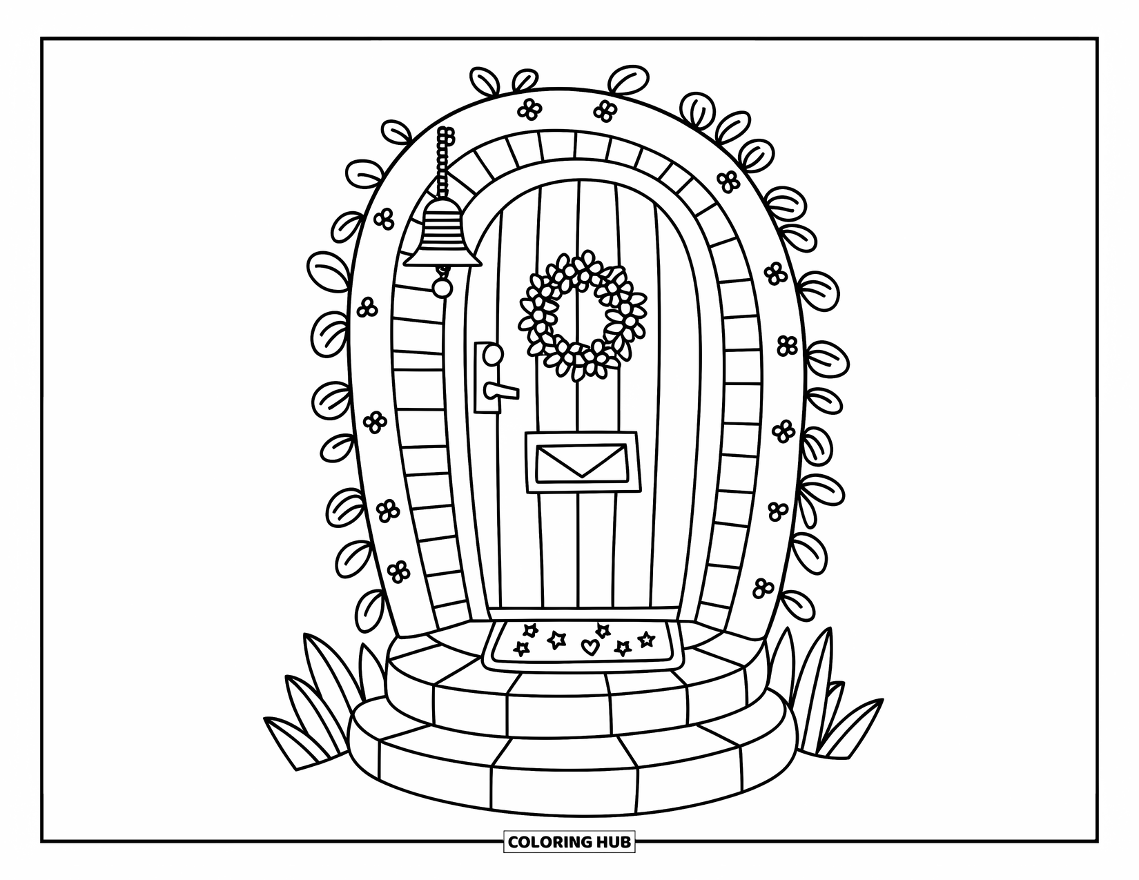 Bell Coloring Page for Adults: Cottage door with a chime bell, floral wreaths, and a tiny starry welcome mat