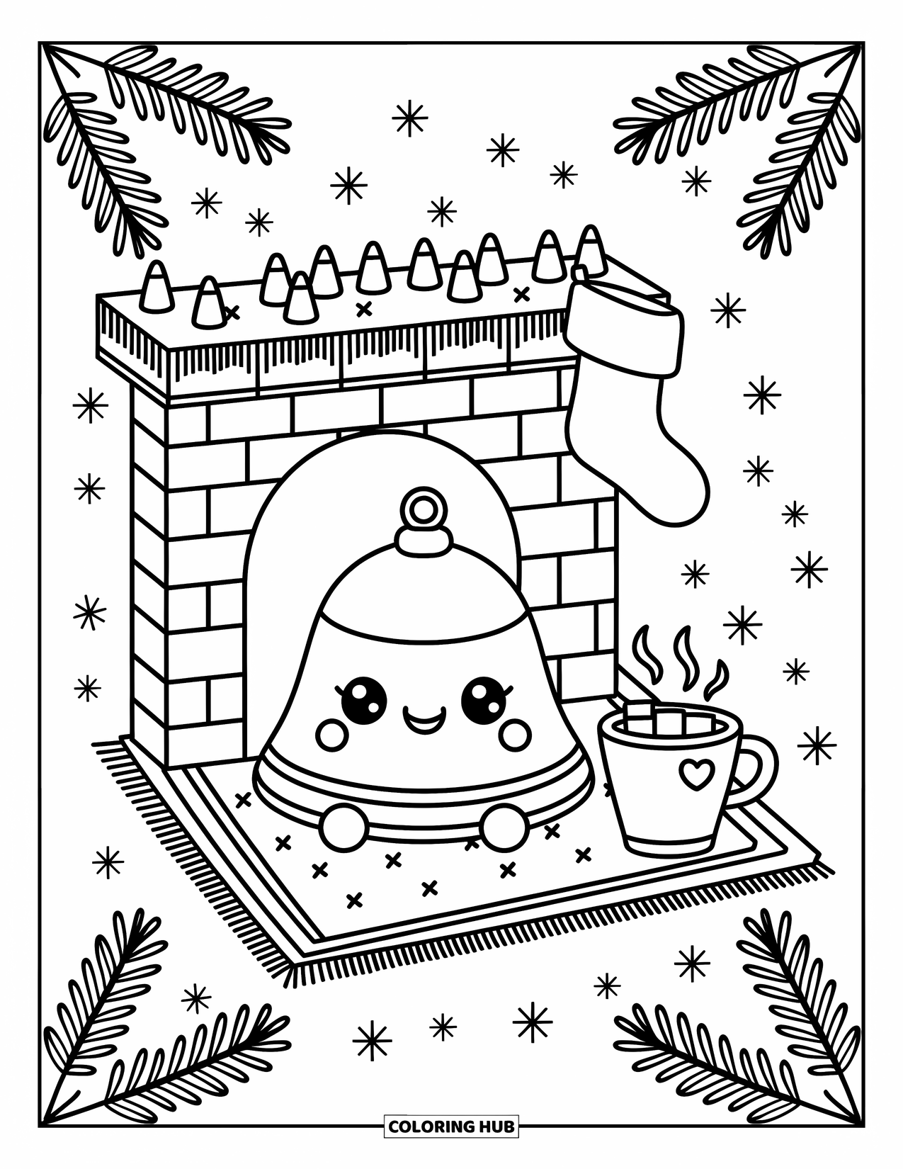 Bell Coloring Page for Adults: Cute bell by the fire with cocoa, a stocking, and cozy winter touches
