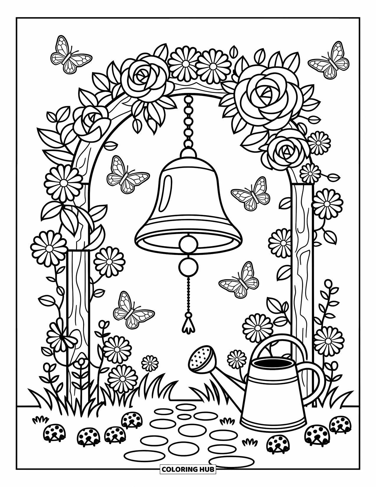 Bell Coloring Page for Adults: Garden bell under a floral arch with butterflies, ladybugs, and a cozy stone path