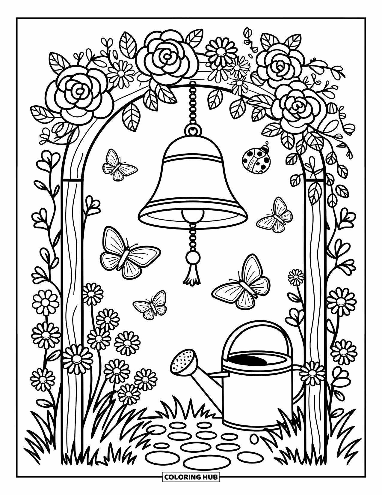 Bell Coloring Page for Adults: Hanging bell in a flower arch with bugs, butterflies, and a nearby watering can