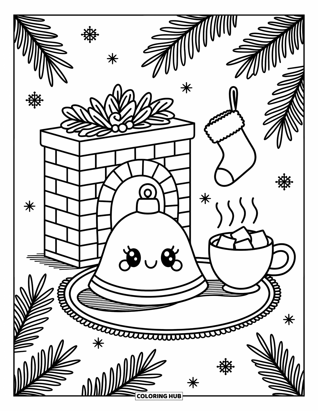 Bell Coloring Page for Adults: Jingle bell with a happy face near a fireplace, cocoa, and tiny stocking