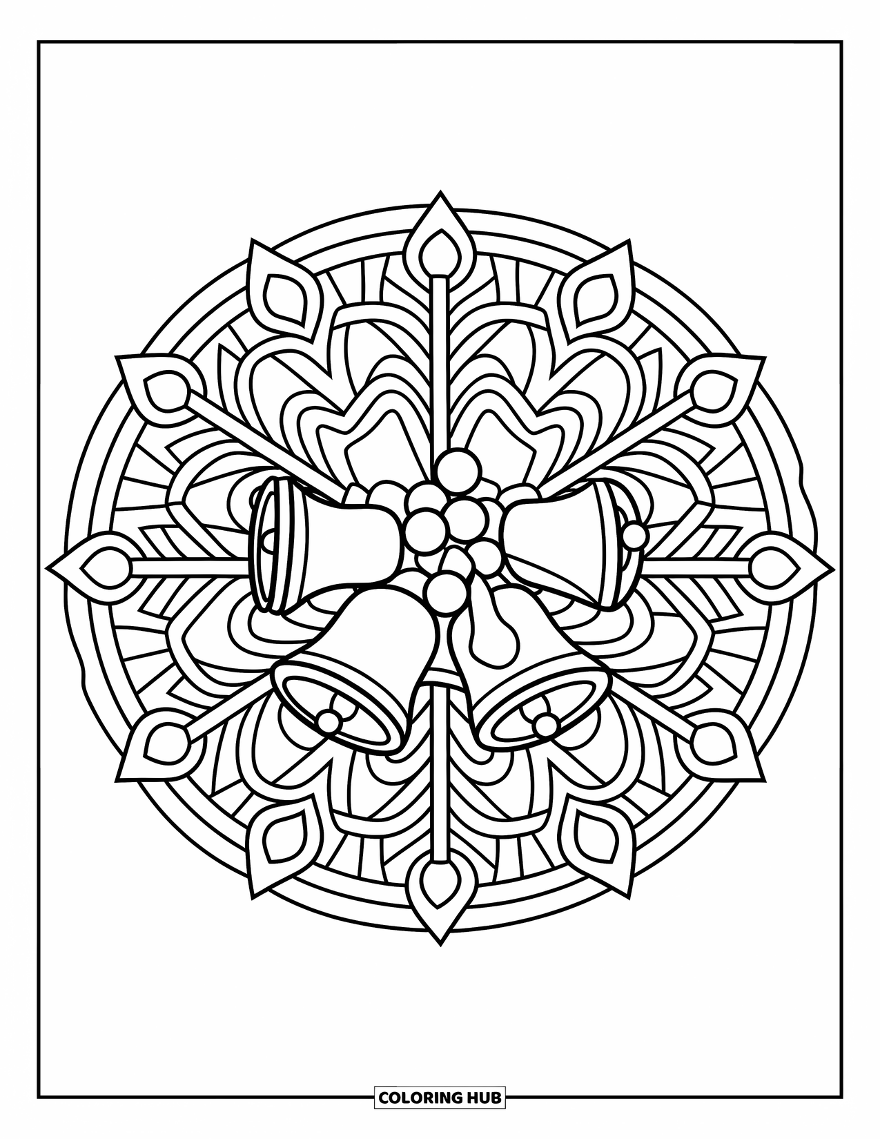 Bell Coloring Page for Adults: Jingle bells clustered inside a snowflake stained-glass design