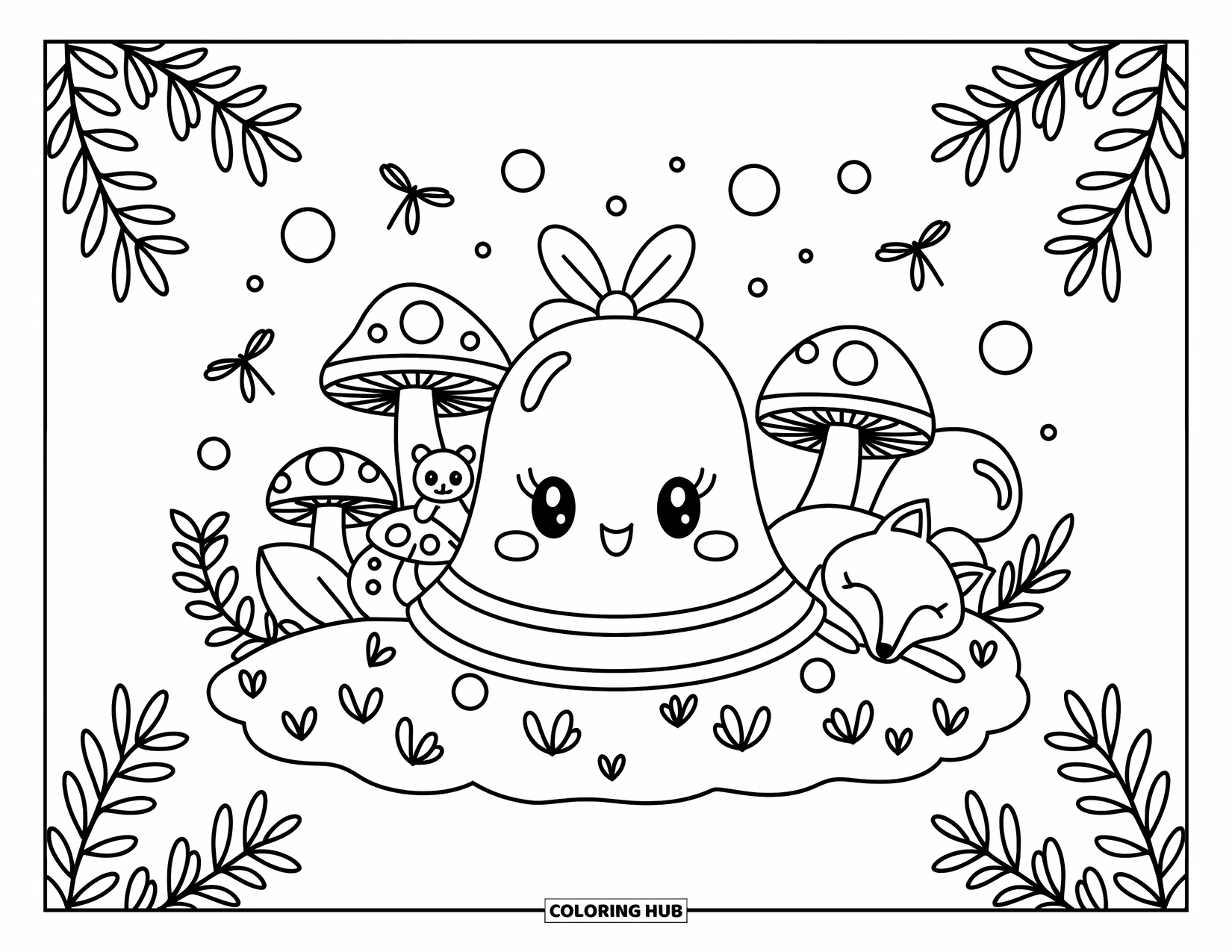 Bell Coloring Page for Adults: Kawaii bell on moss surrounded by mushrooms, fireflies, and a sleepy forest scene