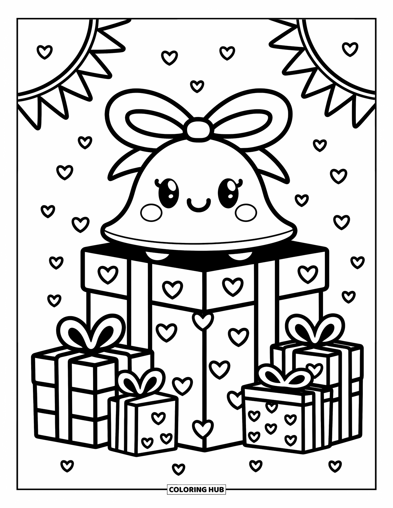 Bell Coloring Page for Adults: Smiling bell in a ribboned gift box with festive streamers and cozy wrapping