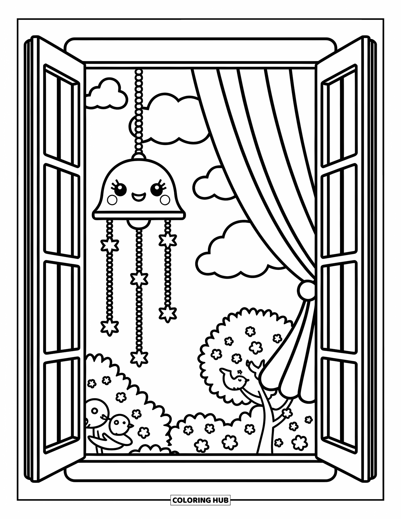Bell Coloring Page for Adults: Window chime with stars and flower charms beside birds and floating clouds