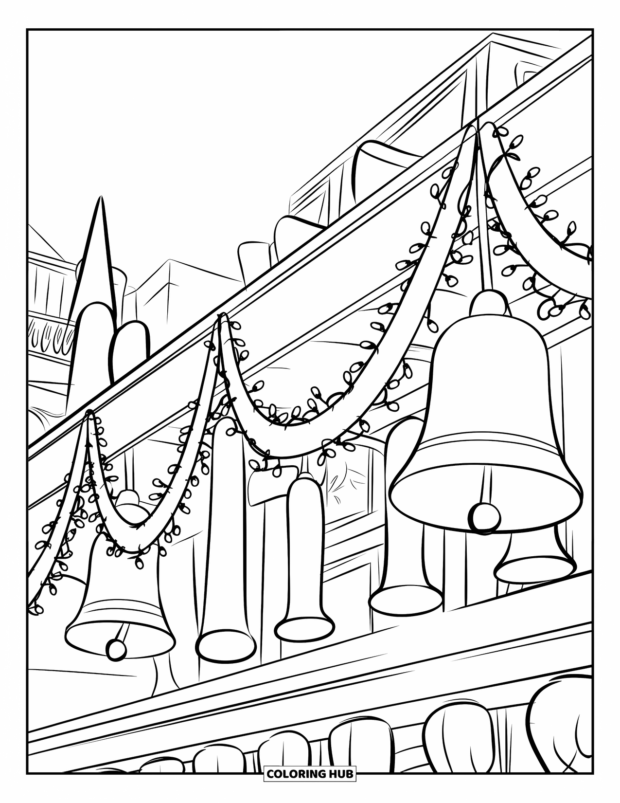 Bell Coloring Page for Kids: Bell garland with lights on a balcony overlooking quiet buildings