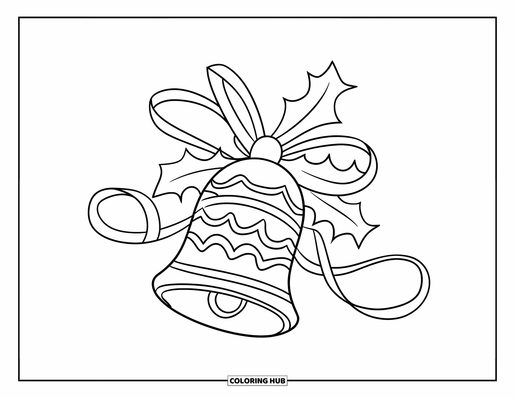 Bell Coloring Page for Kids: Bell ornament with holly and ribbons shaped like a Mickey Mouse head