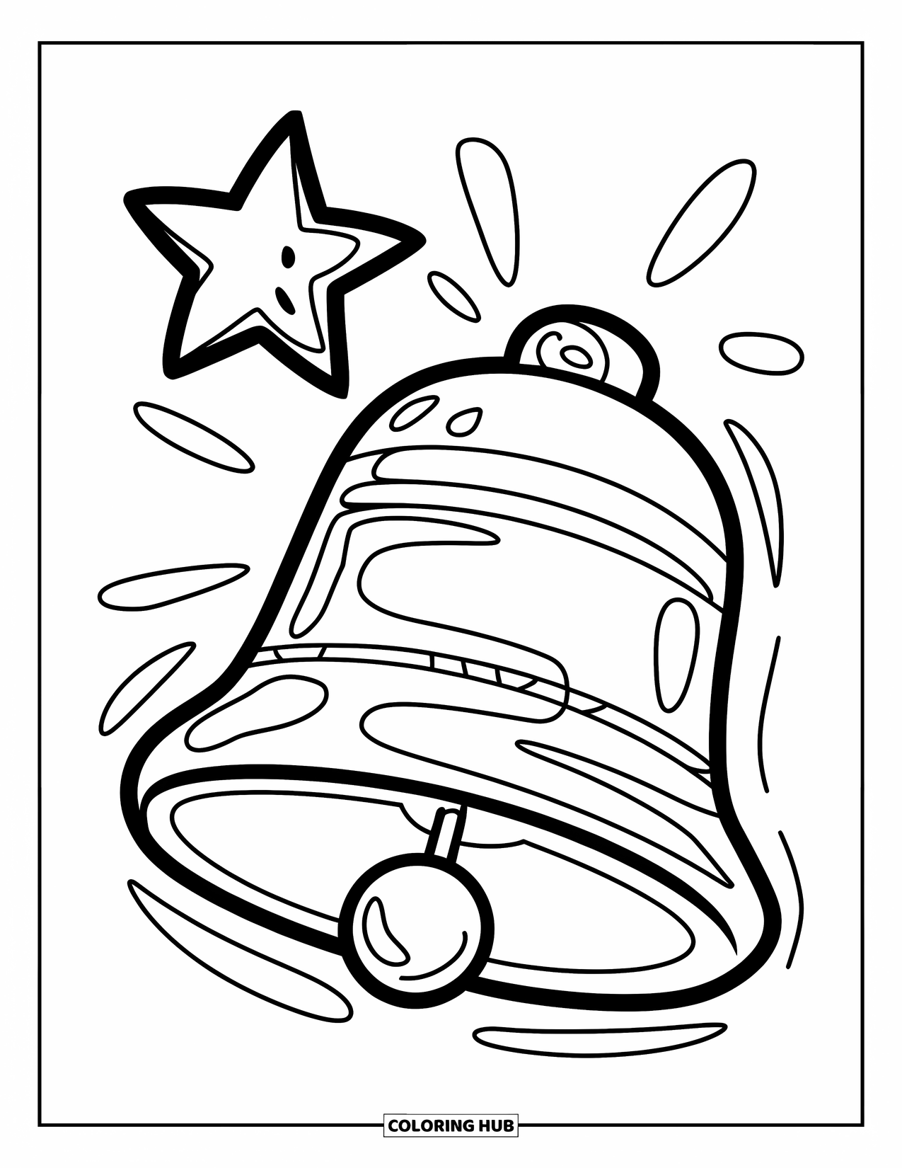Bell Coloring Page for Kids: Big round school bell with a floating star above