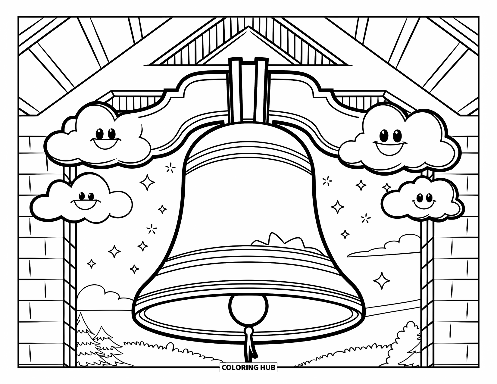 Bell Coloring Page for Kids: Church bell with smiling clouds, stars, and a cozy building below