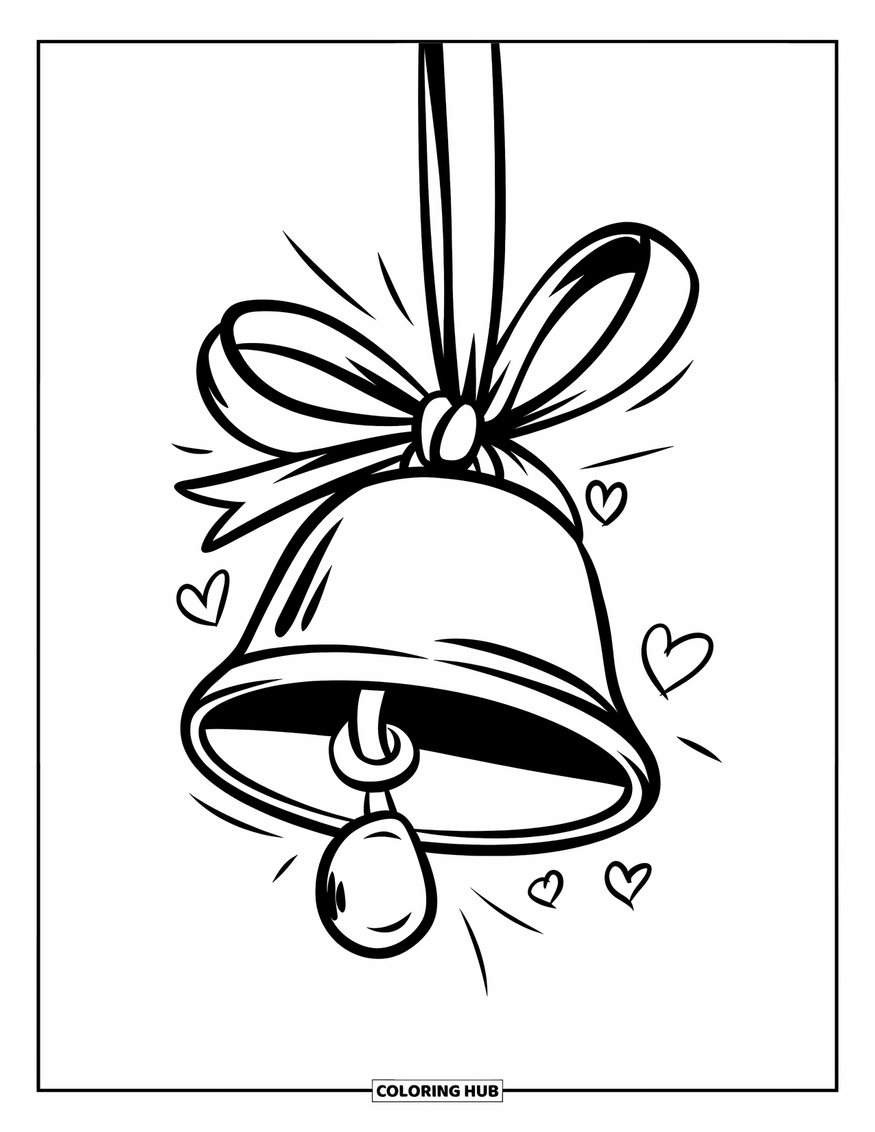 Bell Coloring Page for Kids: Cowbell hanging from a ribbon with tiny hearts floating nearby
