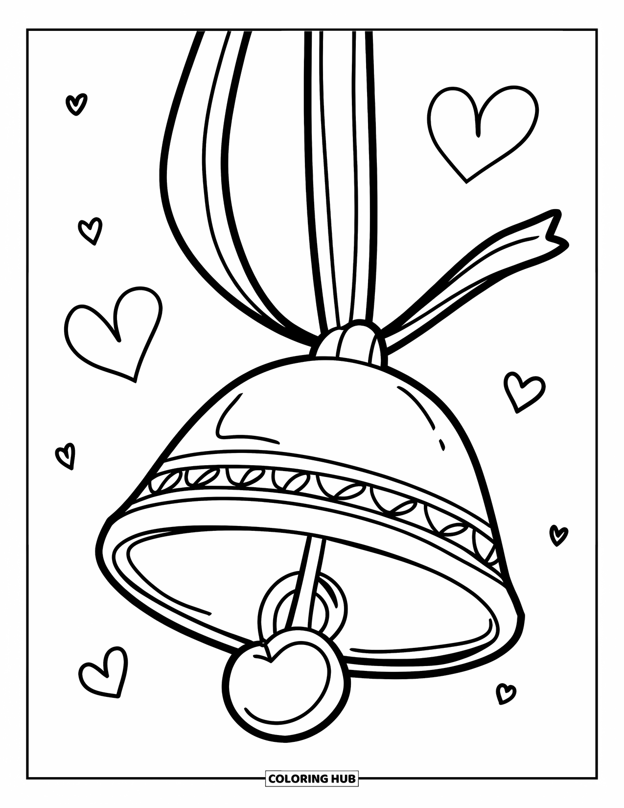 Bell Coloring Page for Kids: Cowbell with hearts and ribbon in a sweet and simple layout