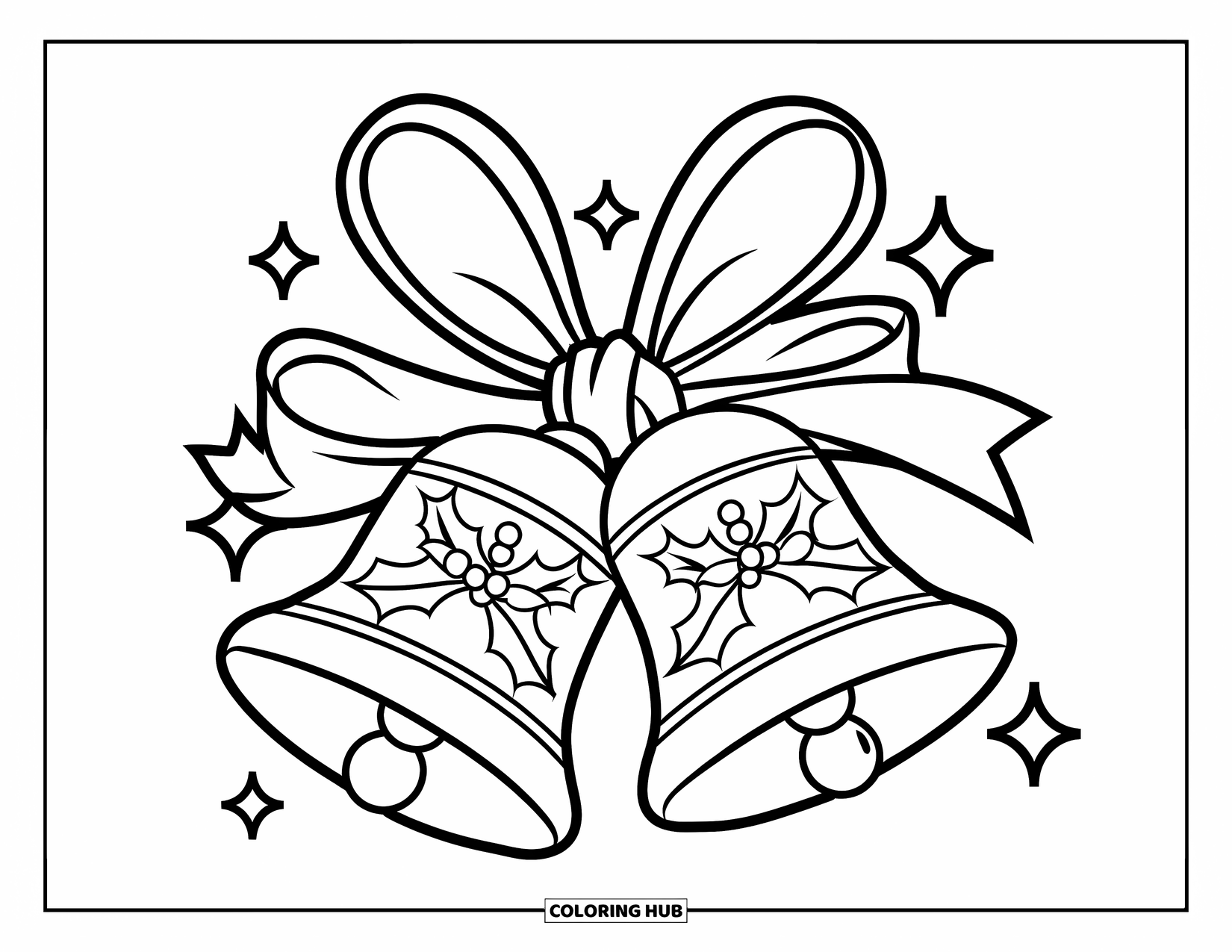 Bell Coloring Page for Kids: Festive bells with holly leaves, berries, and a giant ribbon