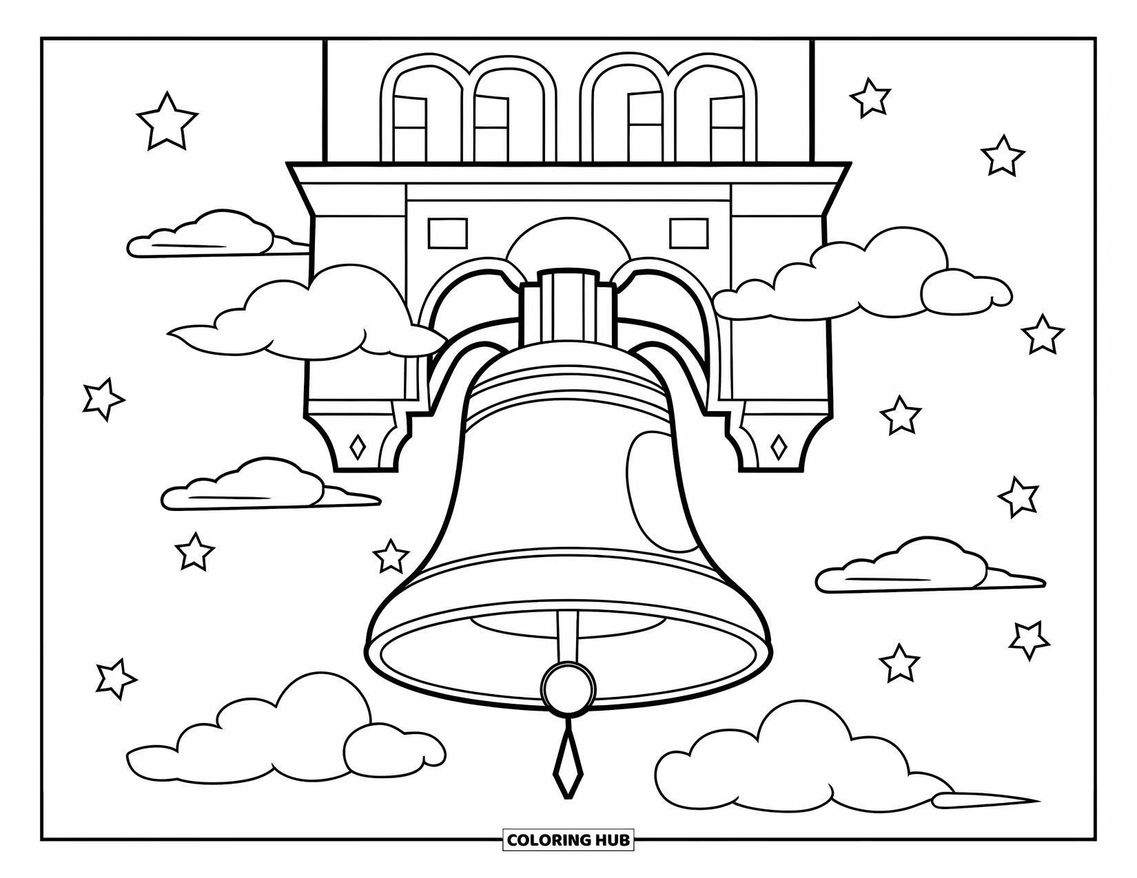 Bell Coloring Page for Kids: Large church bell hanging in a tower with stars and clouds above