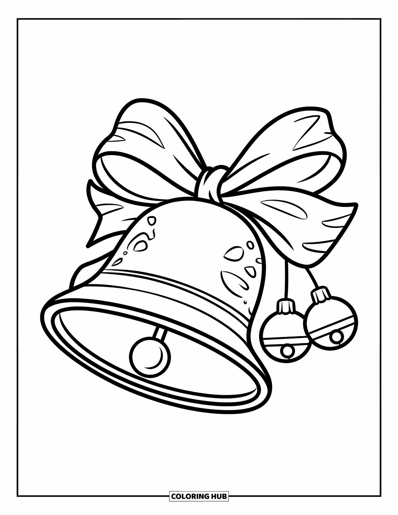 Bell Coloring Page for Kids: Shiny jingle bell with a bow and small bells hanging above