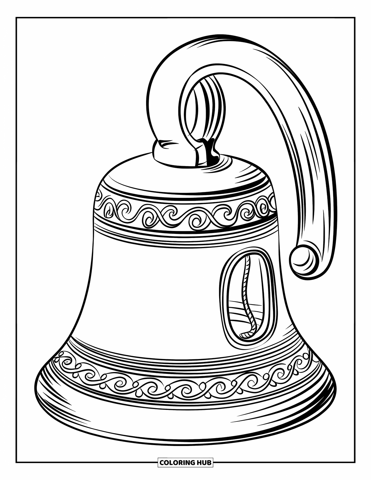 Bell Coloring Page for Kids: Swirly-patterned antique bell with a rope inside and curved handle