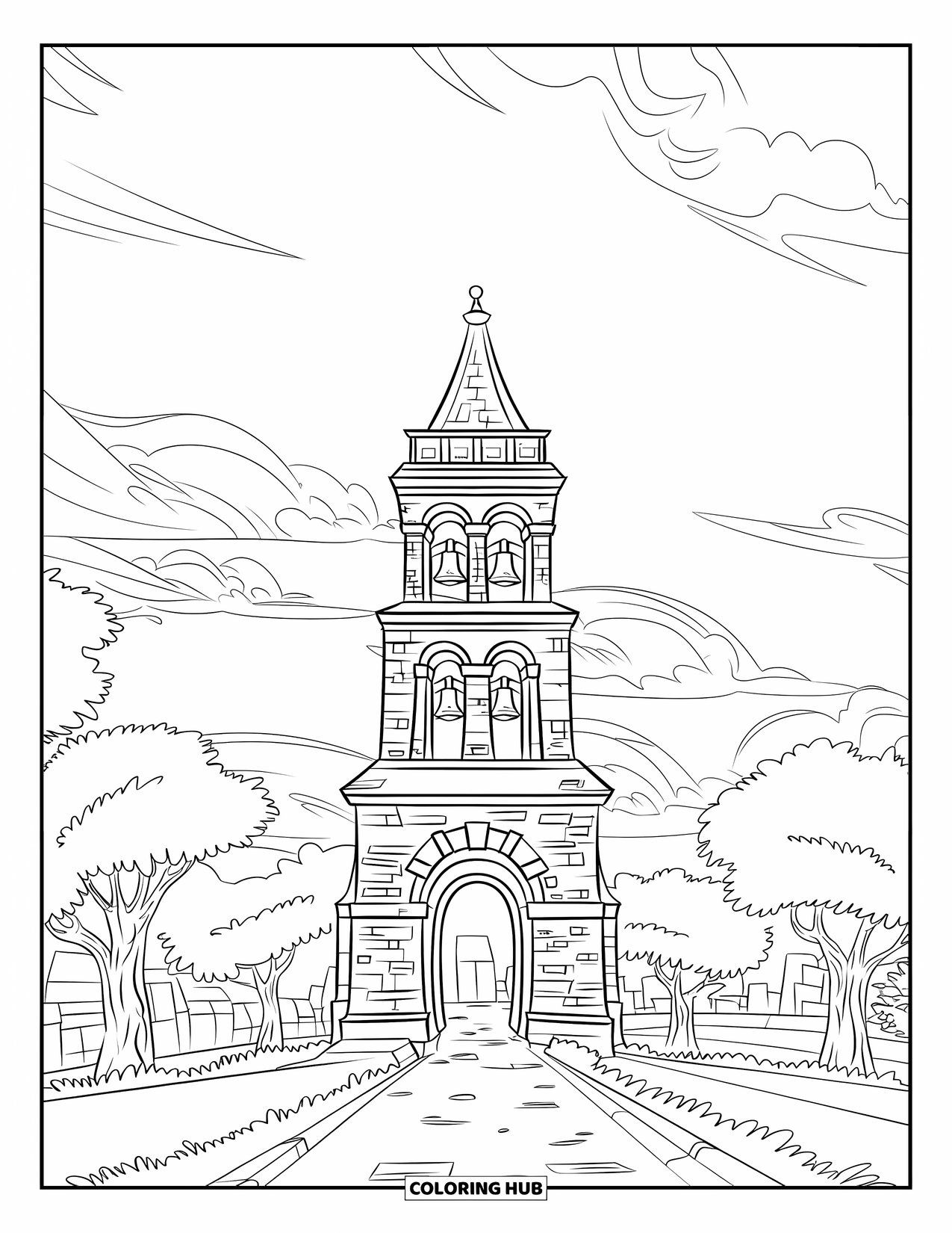 Bell Coloring Page for Kids: Tower with multiple bells surrounded by trees and distant village buildings