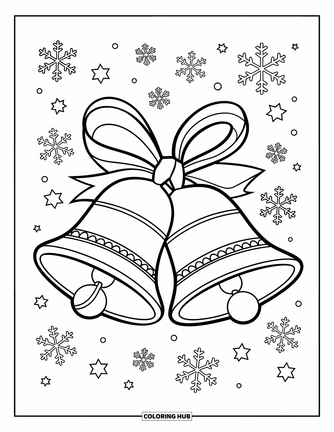 Bell Coloring Page for Kids: Two Christmas bells tied with a ribbon, surrounded by snowflakes and stars